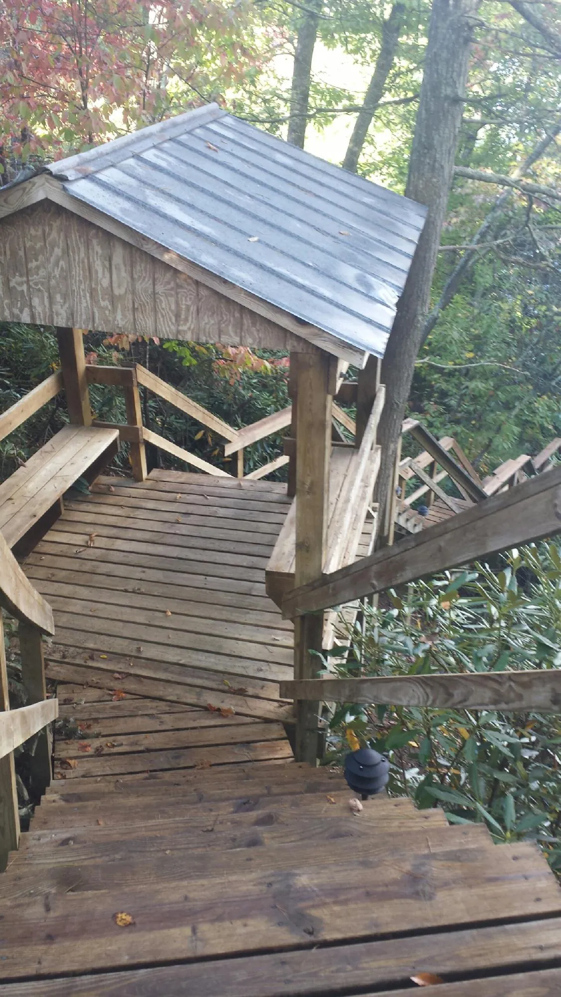 Metal roofed shelter over wooden steps on a wooded walkway — Skylight Repair & Installation work by our crew in Enderlin